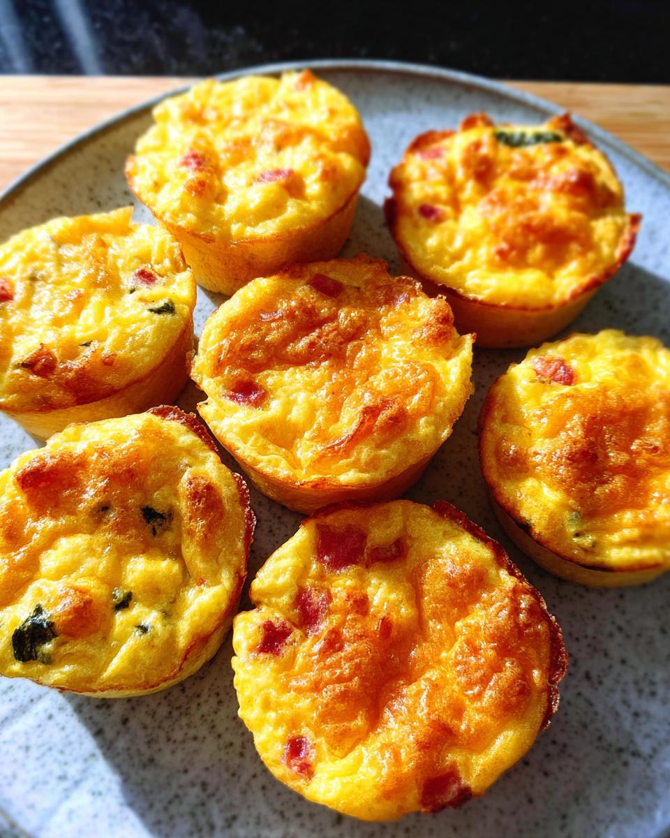A plate of golden-brown Cheesy Muffin Tin Cottage Cheese Egg Bites, some with visible red and green fillings.