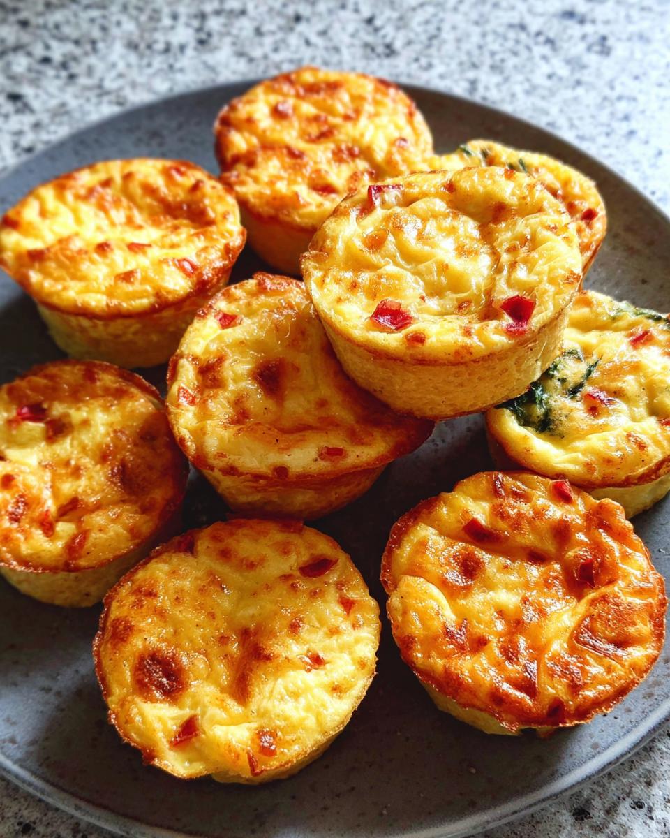 A close-up of several golden-brown Cheesy Muffin Tin Cottage Cheese Egg Bites on a dark plate.