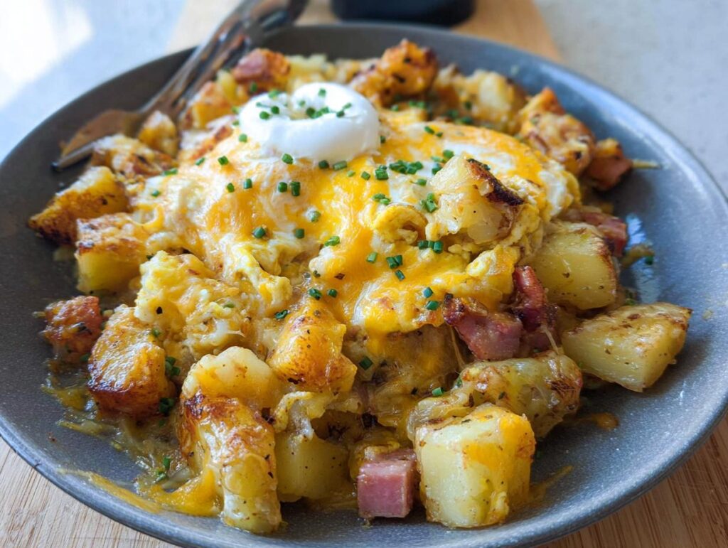 A delicious Cheesy Potato Egg Scramble topped with a dollop of sour cream and chives.