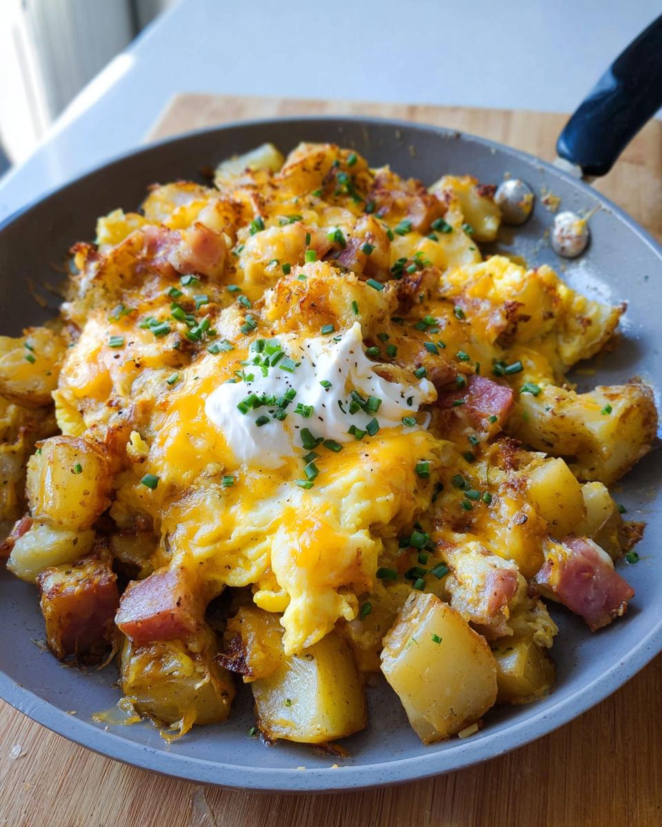 A delicious Cheesy Potato Egg Scramble served in a skillet, topped with sour cream and chives.