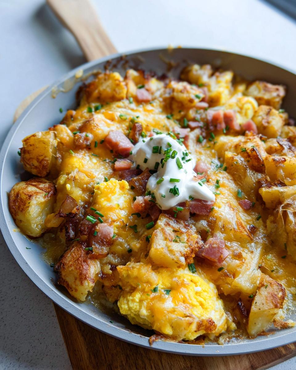 A close-up of a Cheesy Potato Egg Scramble in a skillet, topped with sour cream and chives.