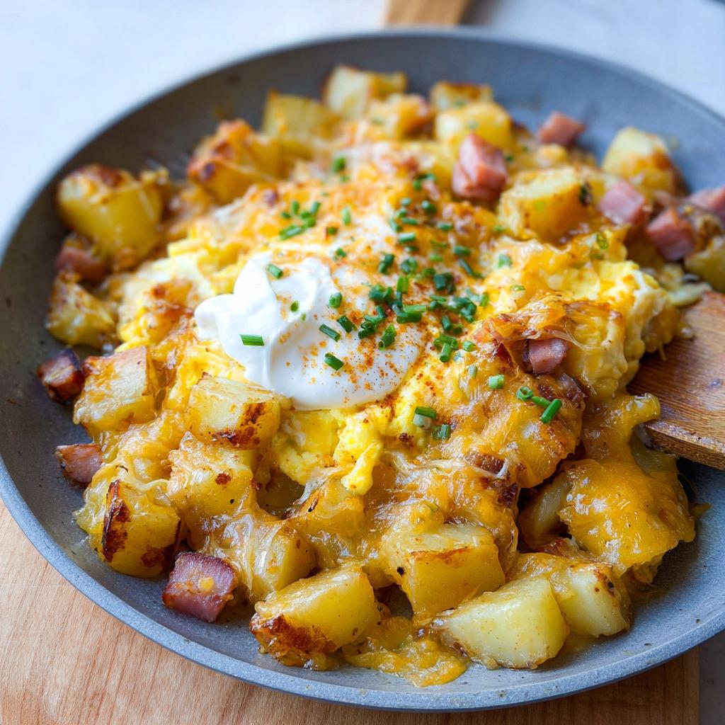 A close-up of a delicious Cheesy Potato Egg Scramble in a skillet, topped with sour cream and chives.