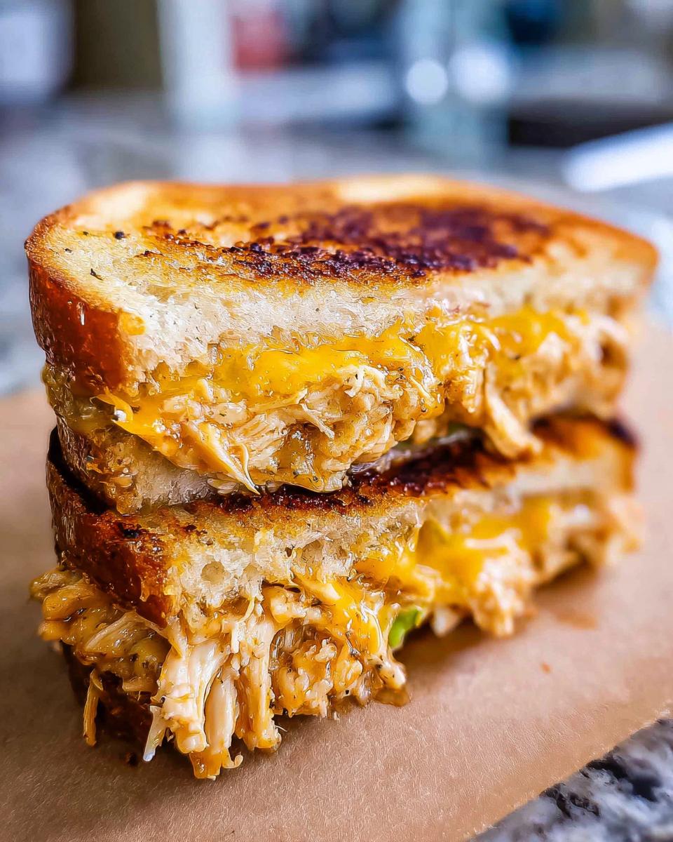 Close-up of a Chicken Avocado Melt Sandwich, showcasing shredded chicken and melted cheese oozing from toasted bread.