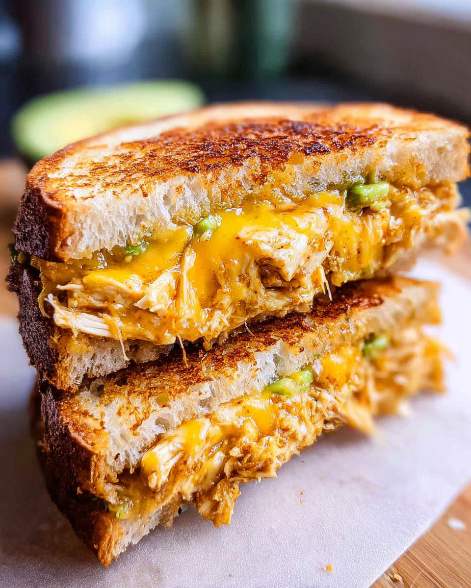 A close-up of a stacked Chicken Avocado Melt Sandwich with gooey melted cheese and shredded chicken.
