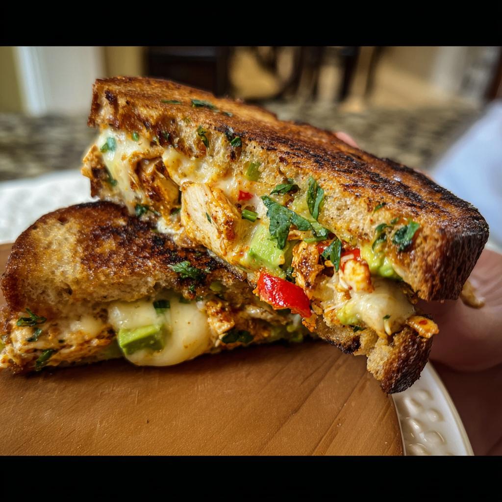 A mouthwatering CHICKEN AVOCADO MELT SANDWICH, grilled to perfection with melted cheese and fresh ingredients.
