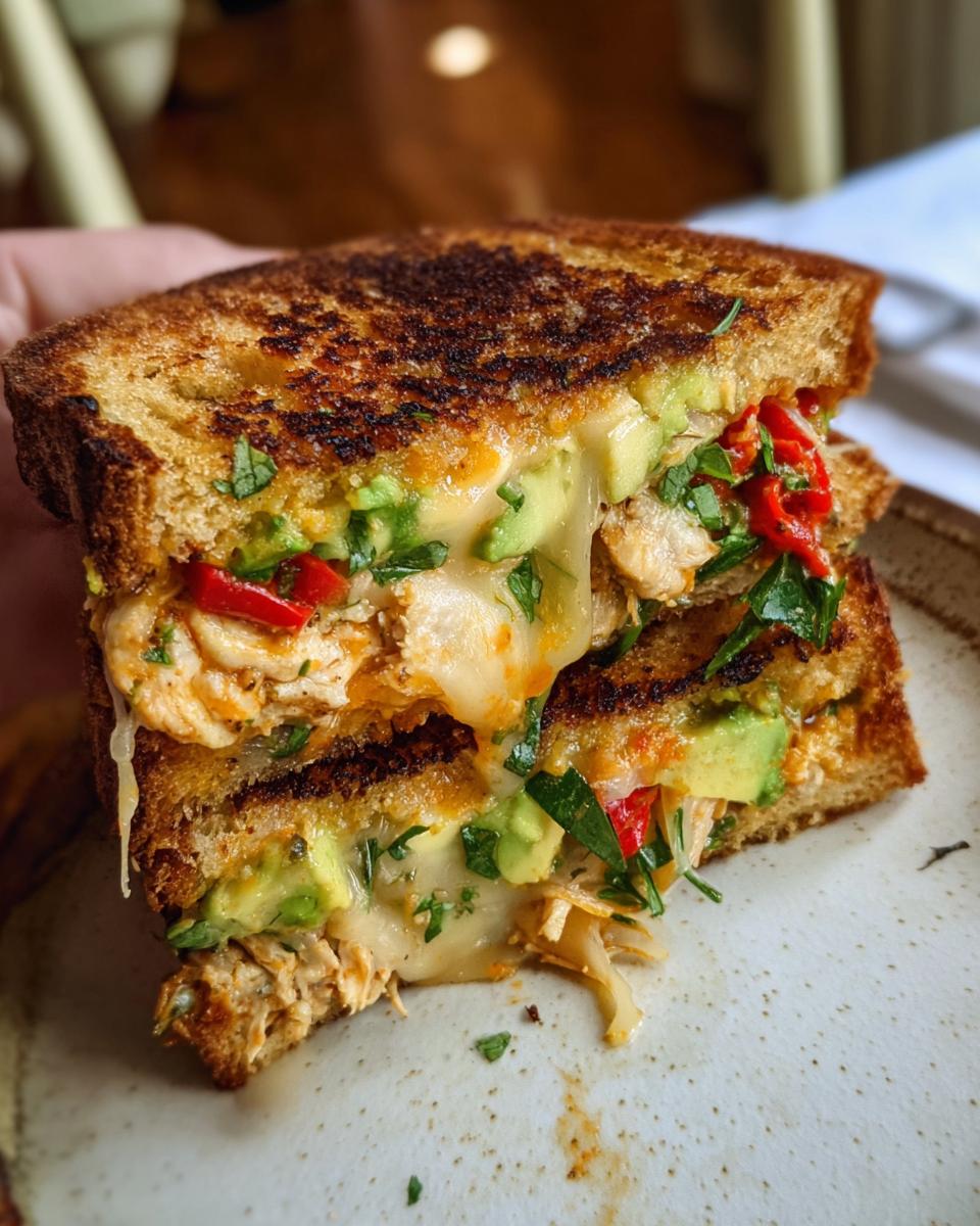 A close-up of a grilled CHICKEN AVOCADO MELT SANDWICH with melted cheese, avocado, and red pepper.