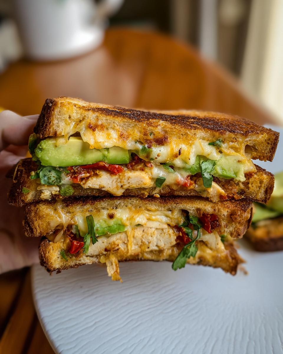 Close-up of a perfectly grilled CHICKEN AVOCADO MELT SANDWICH, showing layers of chicken, avocado, cheese, and sun-dried tomatoes.