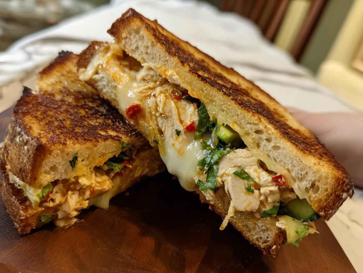 A close-up of a perfectly grilled CHICKEN AVOCADO MELT SANDWICH, oozing with melted cheese and filled with chicken, avocado, and herbs.