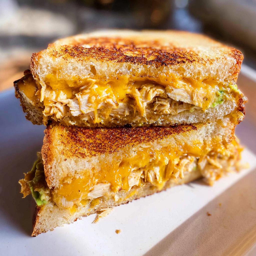 A close-up of a halved Chicken Avocado Melt Sandwich, showing melted cheese, shredded chicken, and avocado.