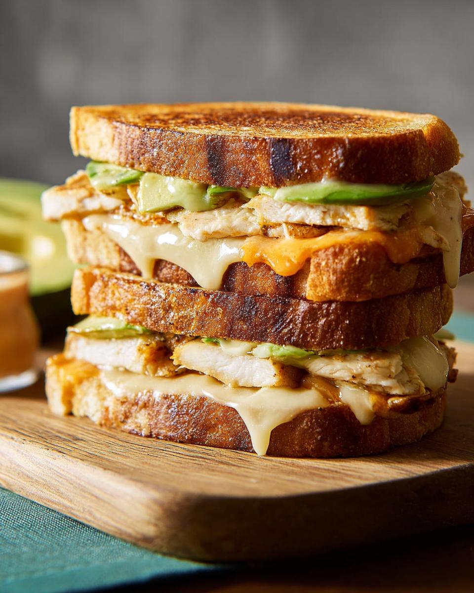 A tall stack of Chicken Avocado Melt Sandwiches on a wooden board, showing layers of grilled bread, chicken, avocado, and melted cheese.