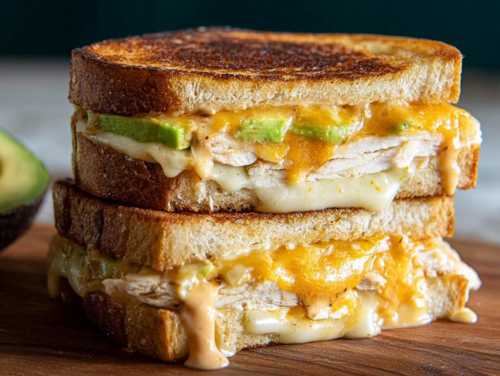 A stack of two delicious Chicken Avocado Melt Sandwiches with melted cheese and sliced avocado.