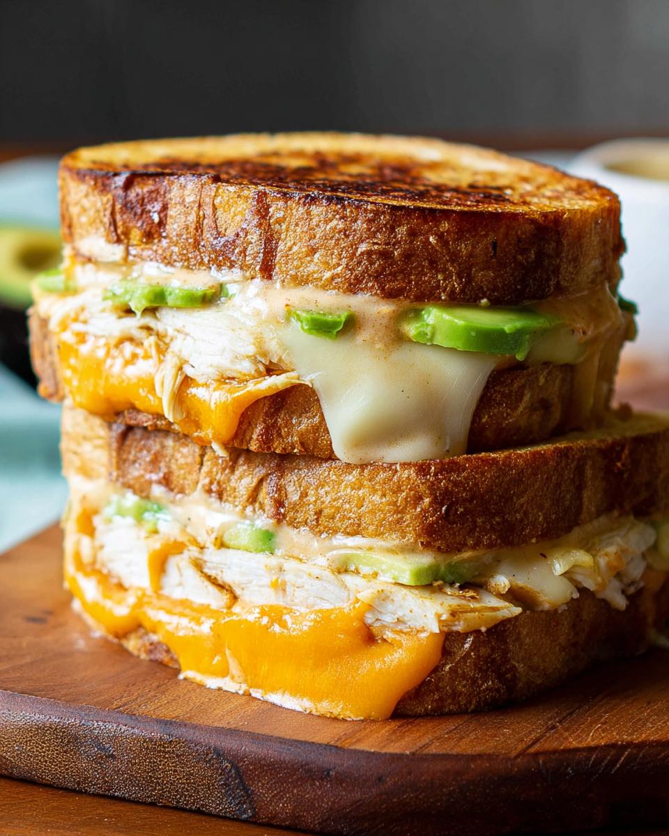 A tall Chicken Avocado Melt Sandwich stacked high with melted cheese, shredded chicken, and avocado slices on toasted bread.