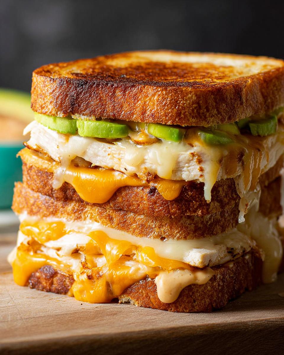 A tall, stacked Chicken Avocado Melt Sandwich with gooey melted cheese, chicken, and avocado slices on toasted bread.
