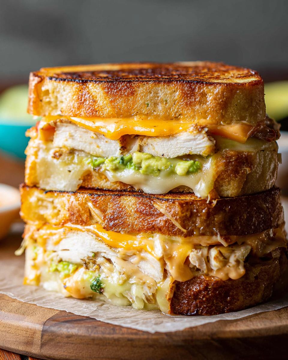 A close-up of a stacked Chicken Avocado Melt Sandwich with melted cheese and avocado.