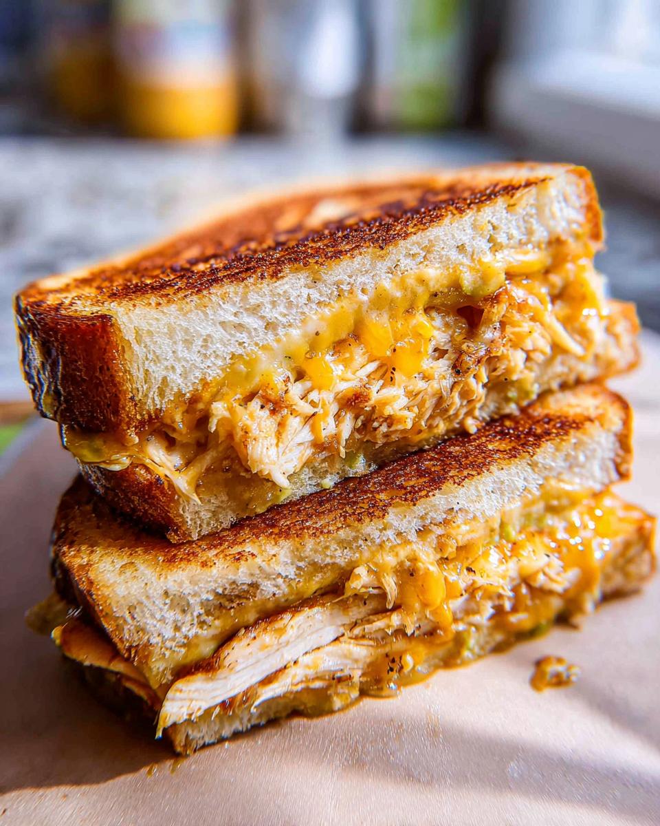 A close-up of a stacked Chicken Avocado Melt Sandwich, with golden-brown toasted bread and gooey melted cheese.