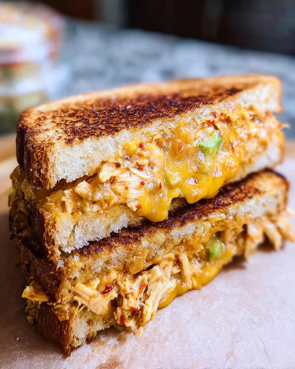 Close-up of a stacked Chicken Avocado Melt Sandwich with melted cheese and shredded chicken.