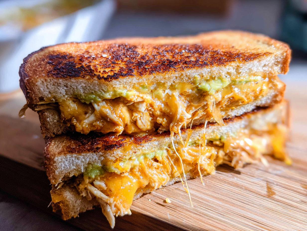 A close-up of a Chicken Avocado Melt Sandwich, grilled to perfection with melted cheese and creamy avocado.