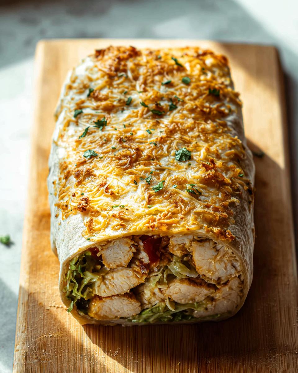 A large Chicken Avocado Ranch Burrito, wrapped and topped with melted, crispy cheese and parsley, on a wooden board.