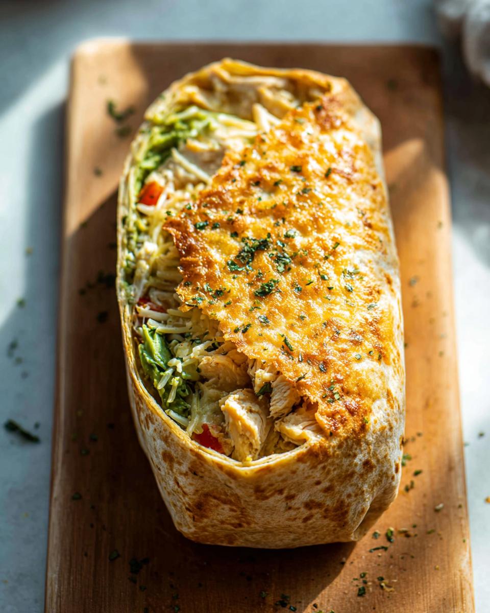 A close-up of a baked Chicken Avocado Ranch Burrito, with golden-brown cheese and visible chicken and avocado filling.