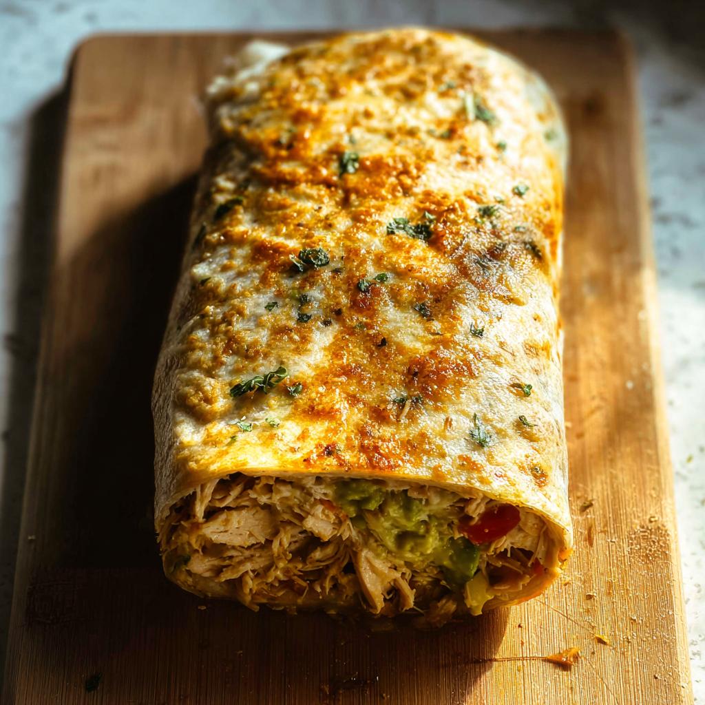 A close-up of a baked Chicken Avocado Ranch Burrito filled with shredded chicken and guacamole, on a wooden cutting board.