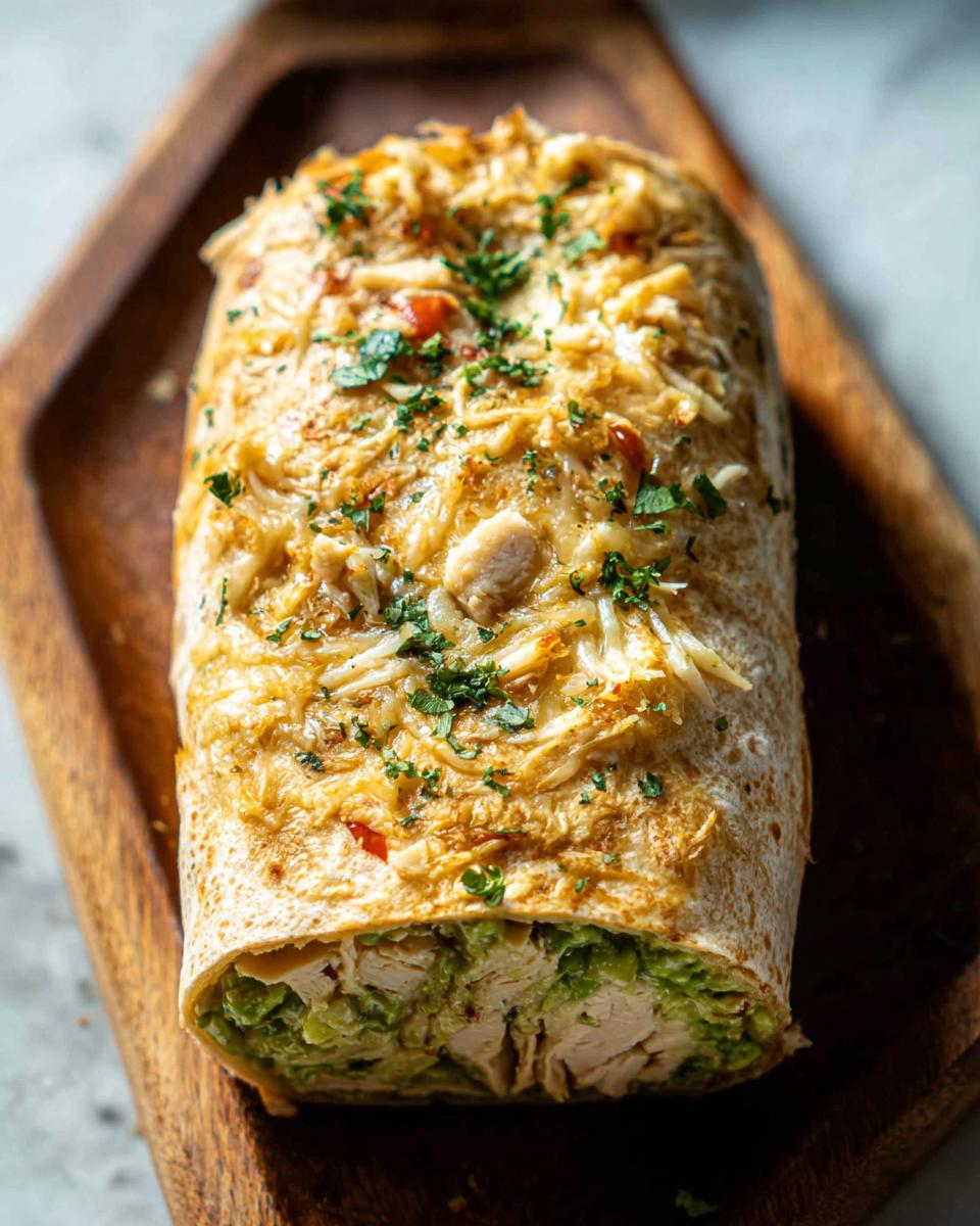 A close-up of a Chicken Avocado Ranch Burrito, topped with melted cheese and fresh parsley, on a wooden board.