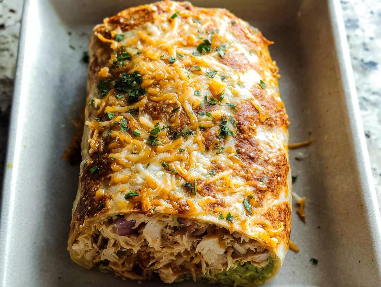 A close-up of a golden-brown Chicken Avocado Ranch Burrito topped with melted cheese and parsley.