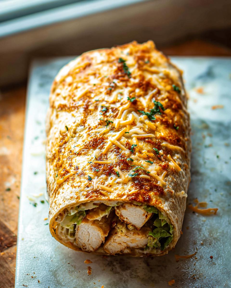 A close-up of a baked Chicken Avocado Ranch Burrito, topped with melted shredded cheese and fresh parsley.