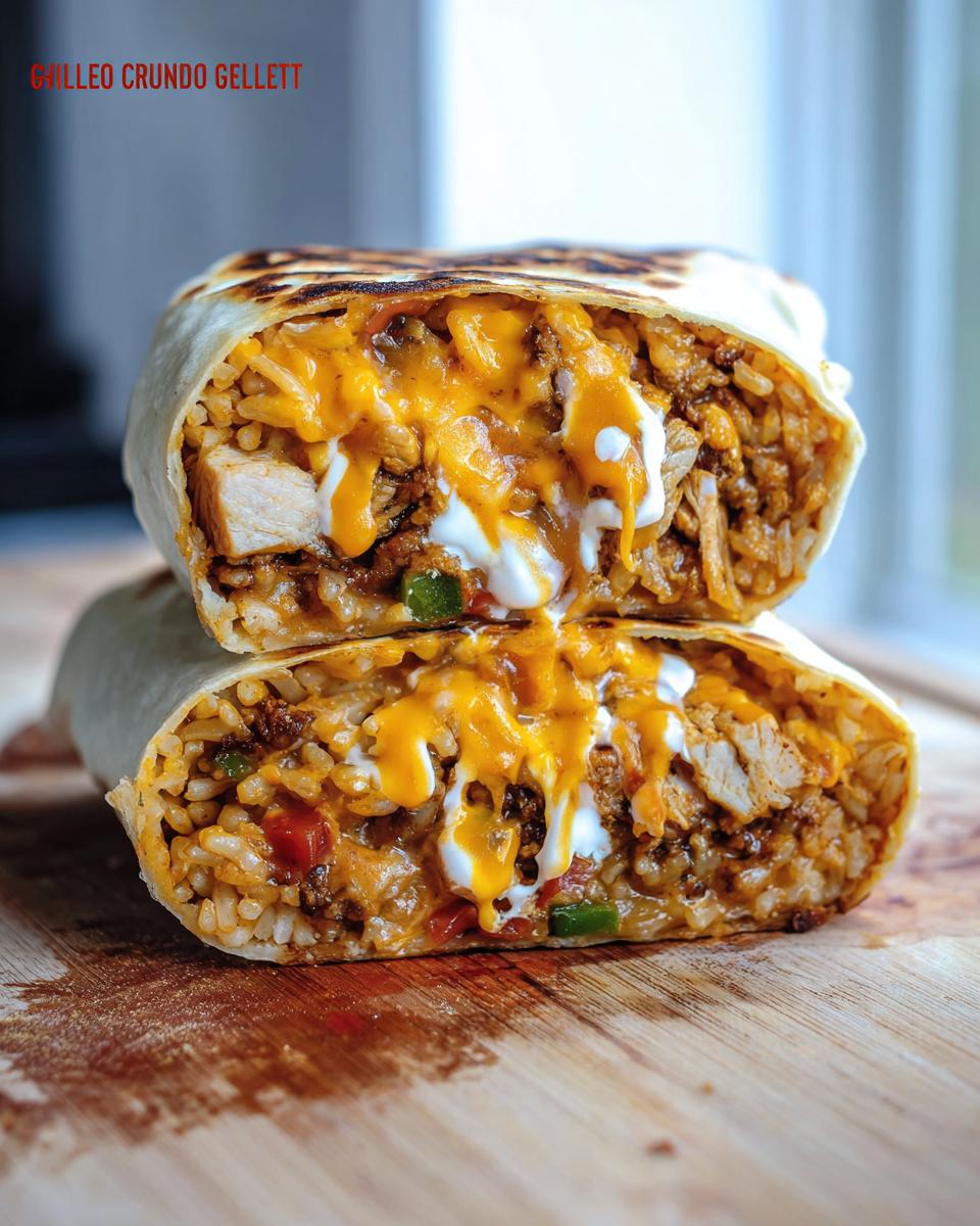 A cross-section of a Chicken Crunch Wrap, revealing layers of rice, chicken, melted cheese, and sour cream.