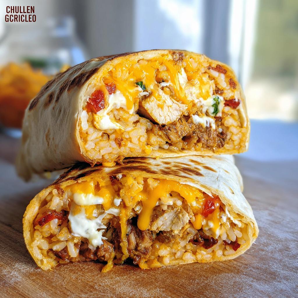 A Chicken Crunch Wrap cut in half, revealing layers of rice, chicken, cheese, and sauce.