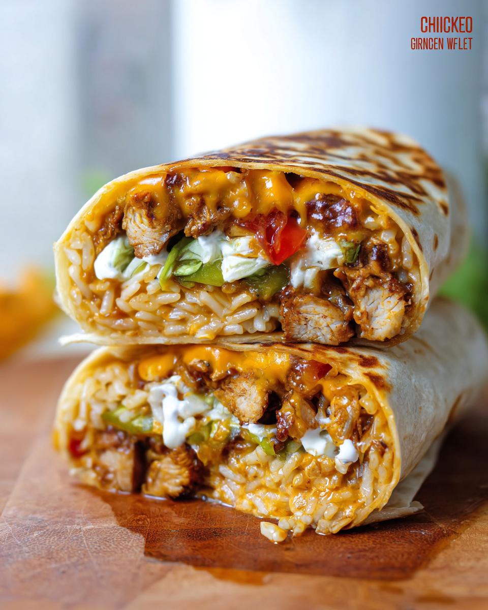 Close-up of a Chicken Crunch Wrap cut in half, showing seasoned chicken, rice, cheese, and sour cream.