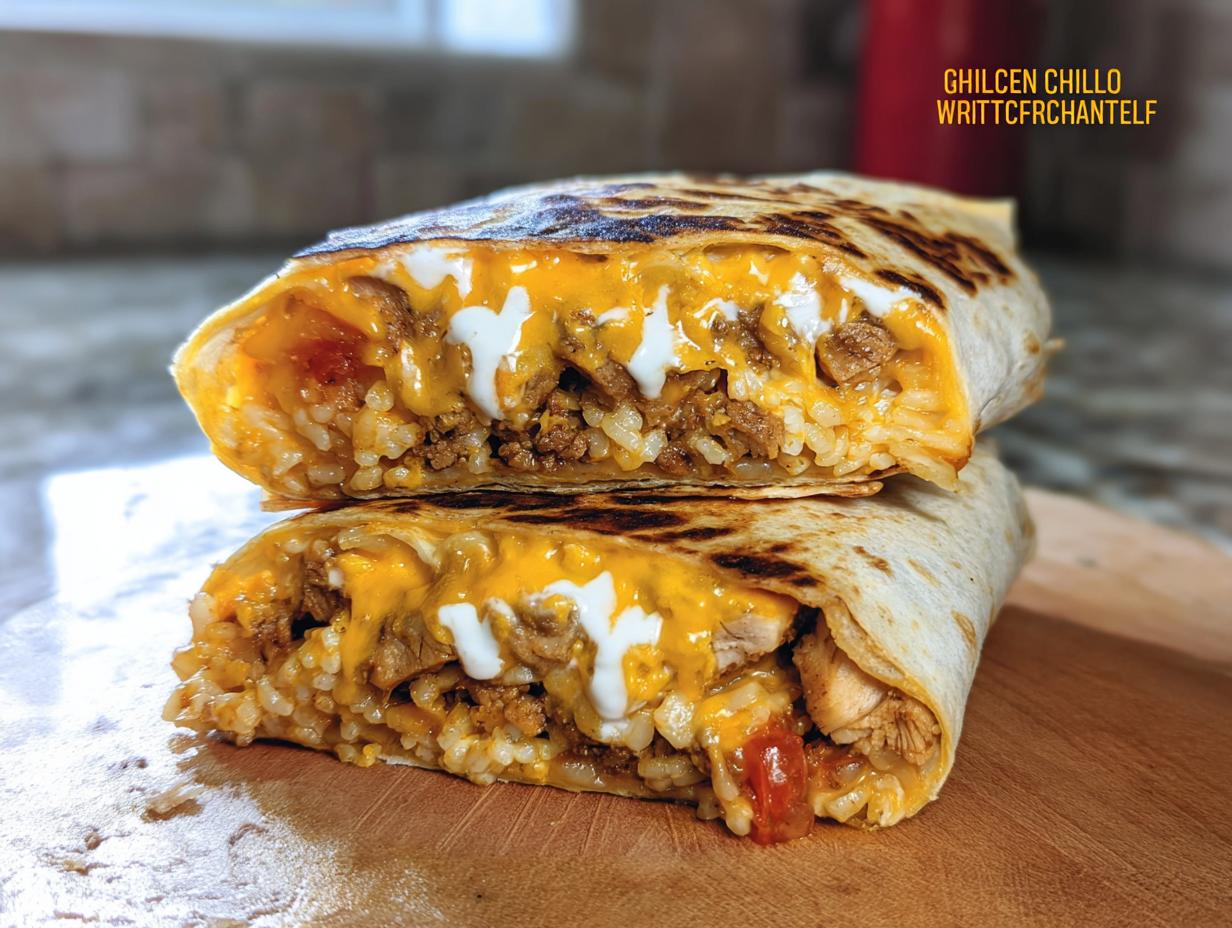 A Chicken Crunch Wrap cut in half, revealing layers of rice, seasoned chicken, cheese, and sauce.