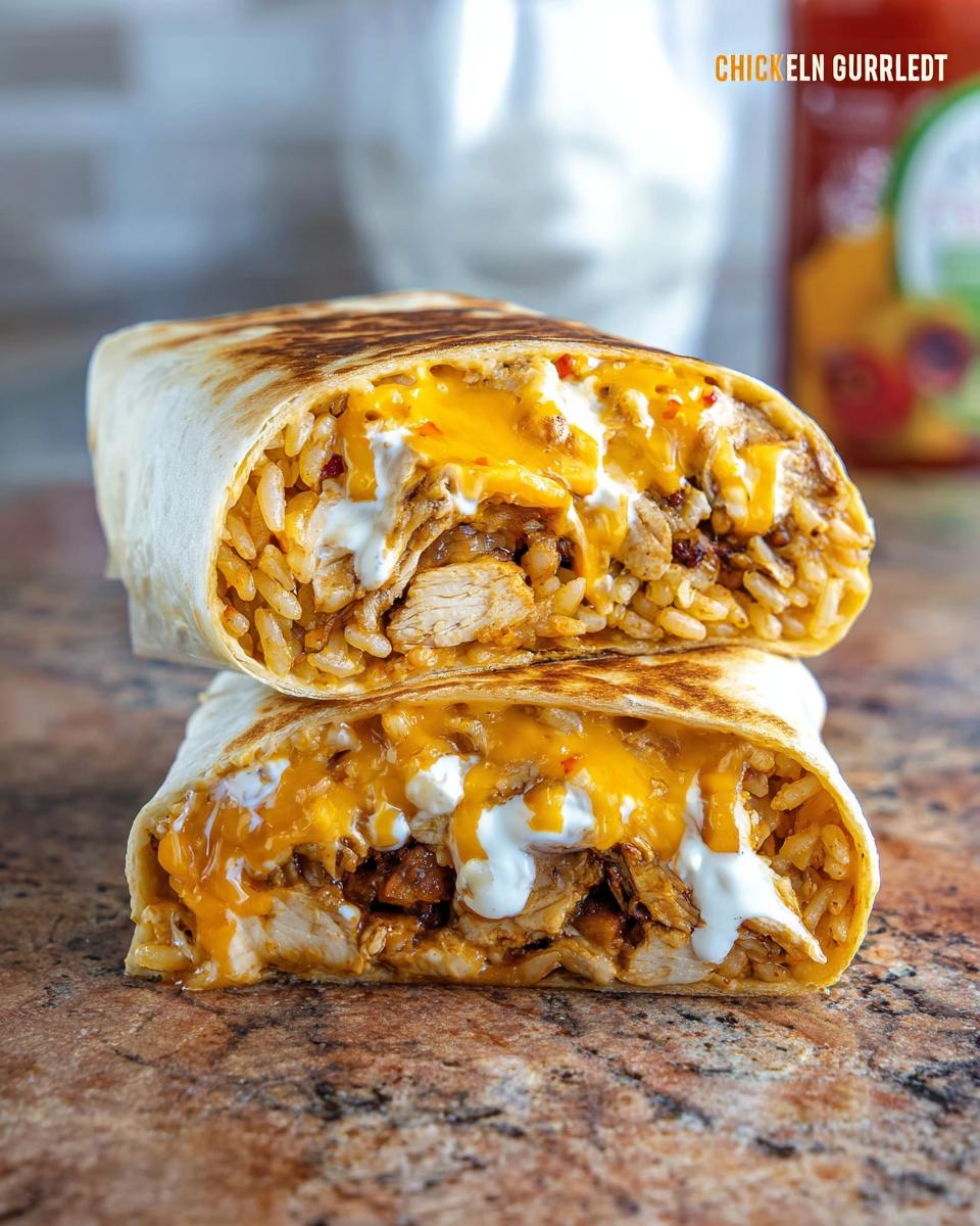 A cross-section of a Chicken Crunch Wrap, revealing seasoned rice, shredded chicken, and melted cheddar cheese with a dollop of sour cream.