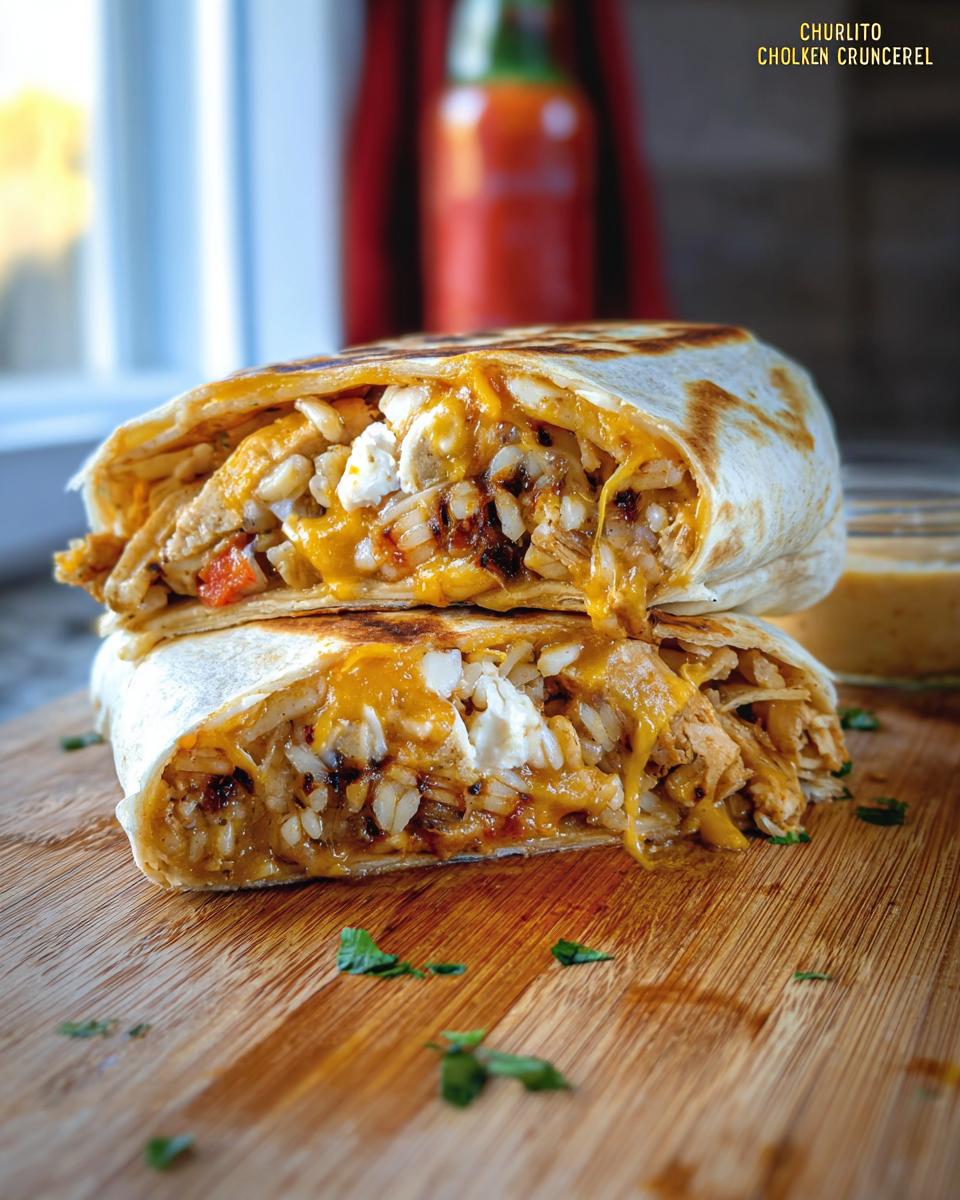 A close-up of a Chicken Crunch Wrap cut in half, revealing shredded chicken, rice, and melted cheese.