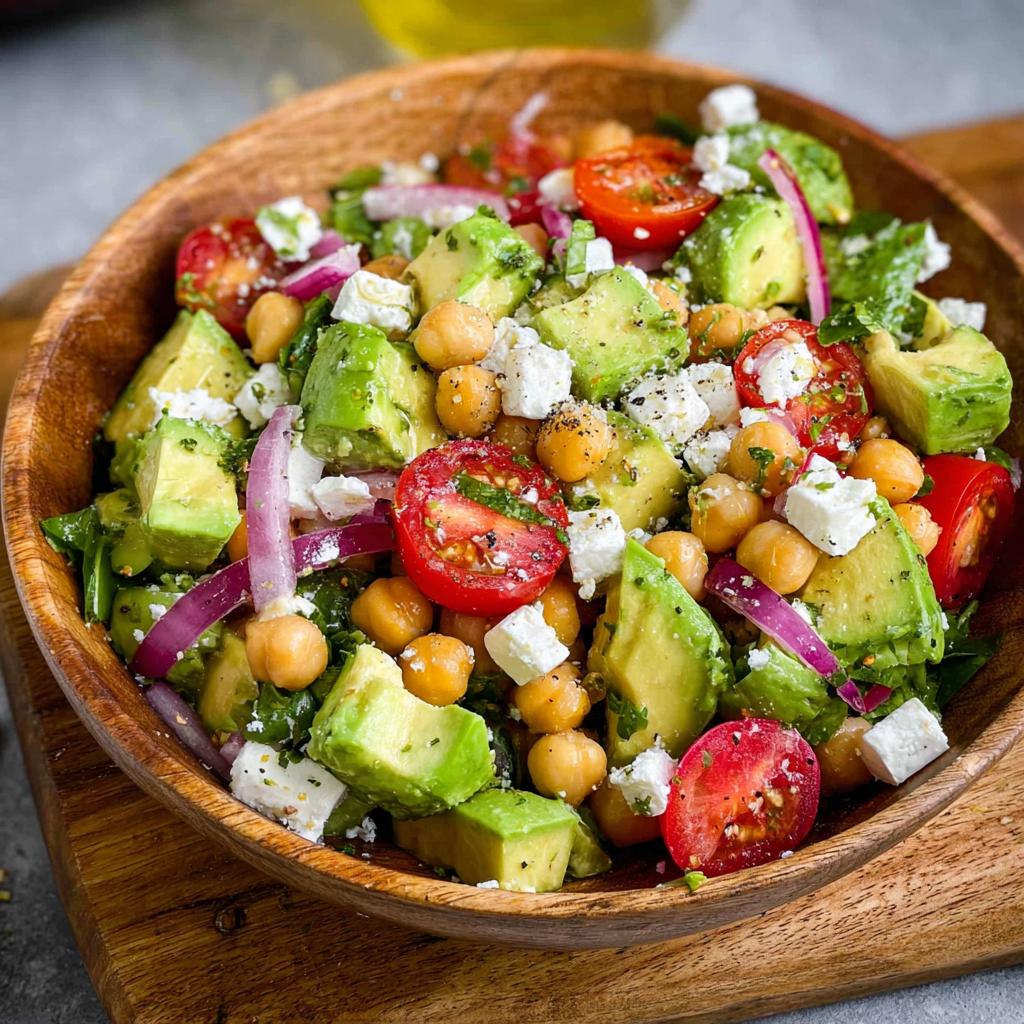 A vibrant bowl of Chickpea Feta Avocado Salad with cherry tomatoes, red onion, and feta cheese.