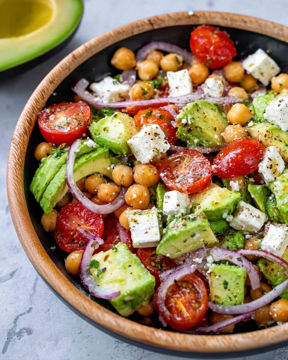 A vibrant Chickpea Feta Avocado Salad in a wooden bowl, featuring chickpeas, avocado, feta cheese, cherry tomatoes, and red onion.