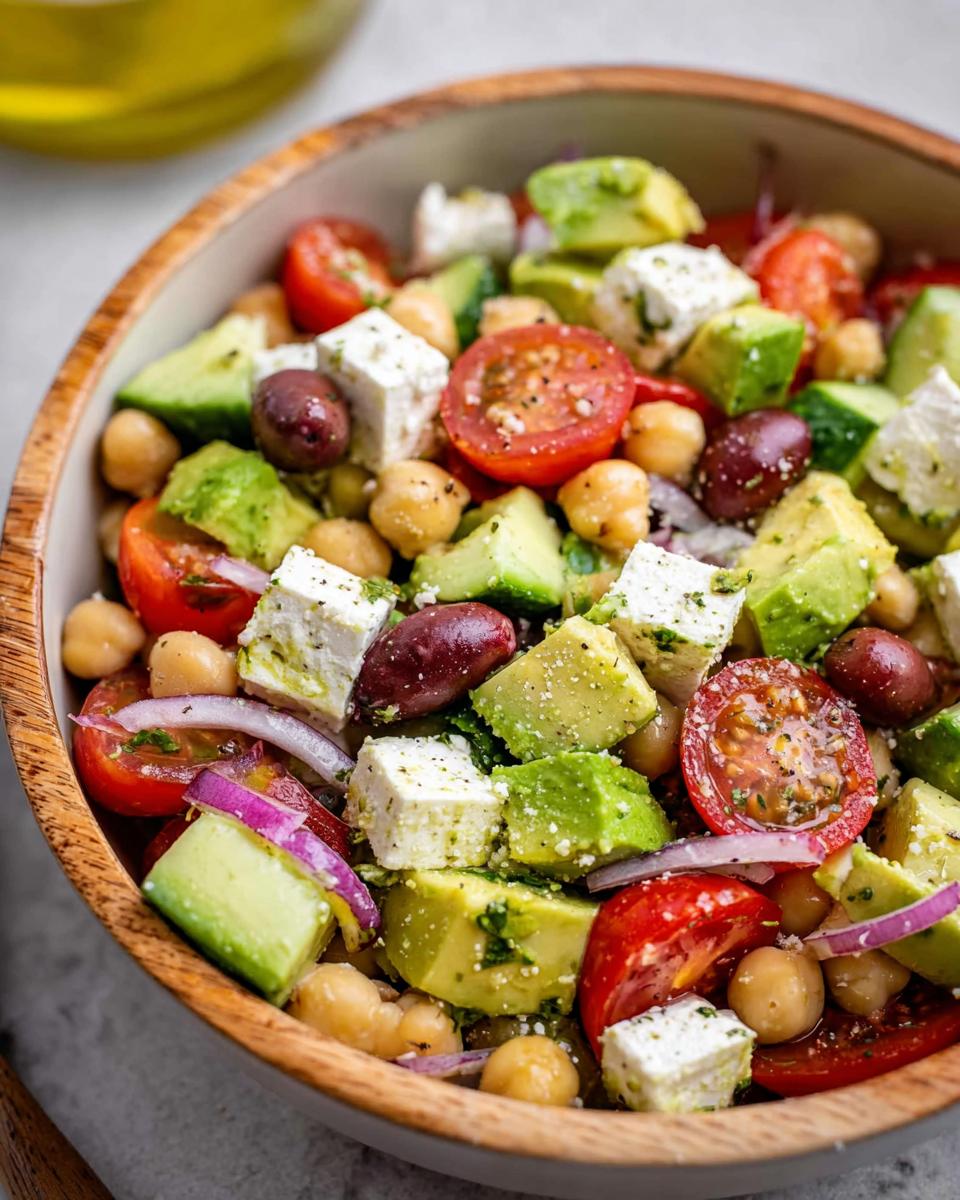 A vibrant bowl of Chickpea Feta Avocado Salad with cherry tomatoes, olives, and red onion.