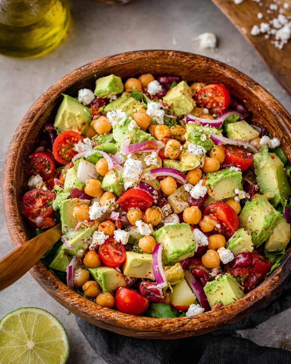 A vibrant Chickpea Feta Avocado Salad with cherry tomatoes, red onion, and feta cheese in a wooden bowl.