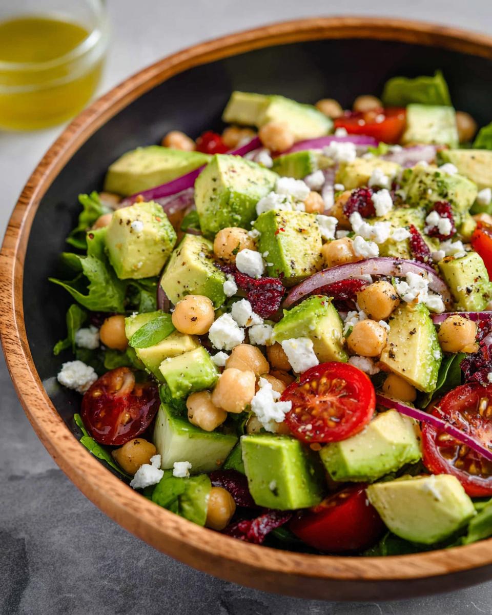 A vibrant Chickpea Feta Avocado Salad in a wooden bowl, featuring fresh avocado, feta cheese, chickpeas, tomatoes, and red onion.