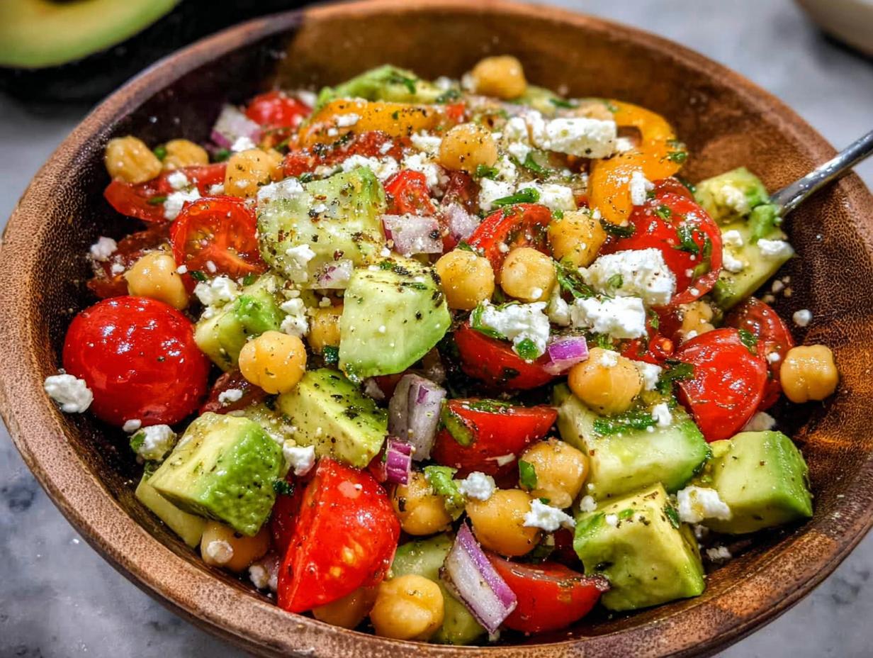 A vibrant bowl of Chickpea Feta Avocado Salad with cherry tomatoes, red onion, and herbs.