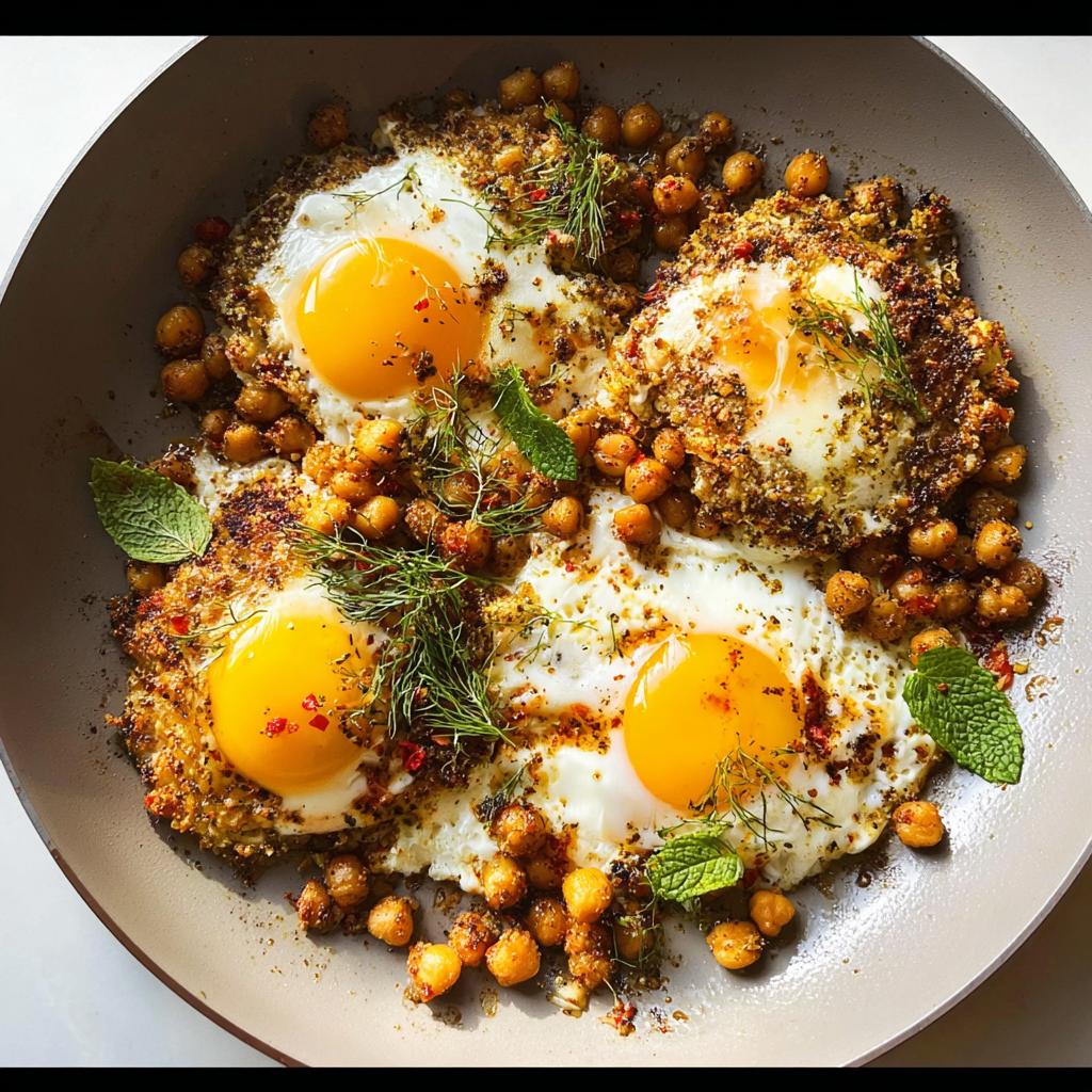 Three sunny-side up eggs nestled in a bed of seasoned chickpeas, garnished with fresh herbs for a delicious Chickpea Fried Eggs Recipe.