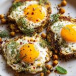 Three perfectly fried eggs nestled in a crispy chickpea base, garnished with dill and chili flakes. A delicious Chickpea Fried Eggs Recipe.