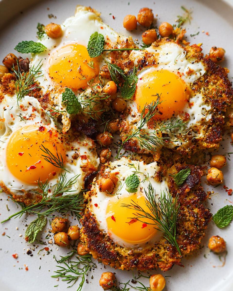 Close-up of a plate with four chickpea fried eggs, garnished with fresh herbs and chili flakes.