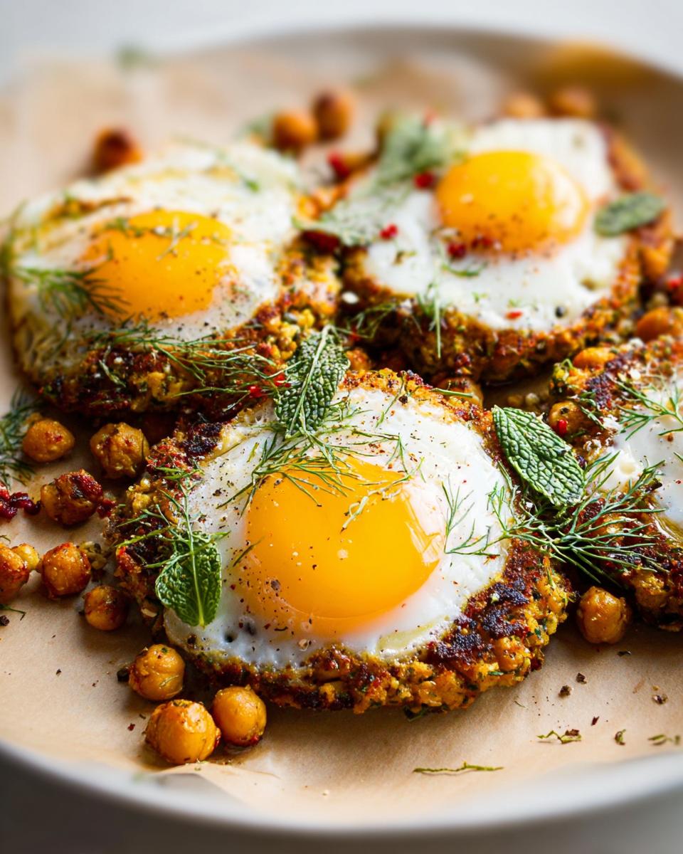 Close-up of a plate of chickpea fried eggs, garnished with fresh herbs and scattered chickpeas.