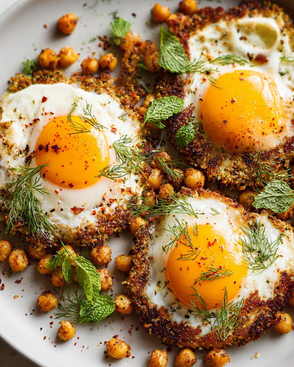 Three fried eggs served with crispy chickpeas and fresh herbs, a delicious Chickpea Fried Eggs recipe.