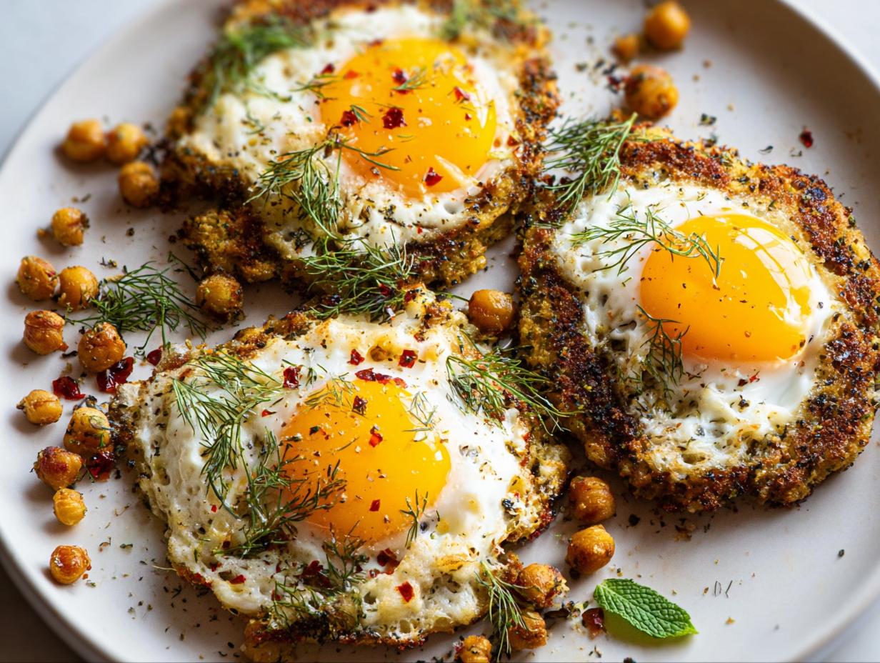 Three perfectly fried eggs nestled in a crispy chickpea base, garnished with dill and chili flakes. A delicious Chickpea Fried Eggs Recipe.