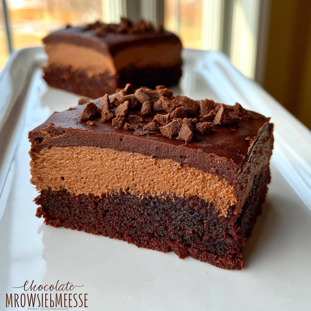 A rich slice of Chocolate Mousse Brownies with a dense brownie base and light chocolate mousse topping, garnished with chocolate shavings.