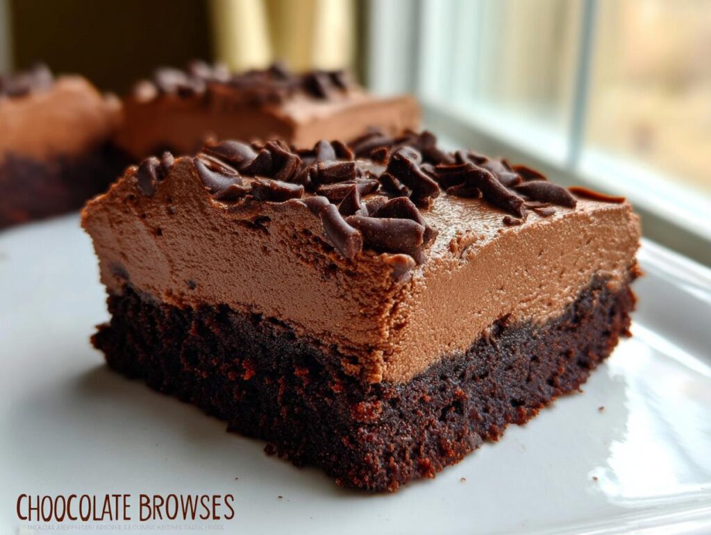 A rich slice of Chocolate Mousse Brownies, featuring a dense brownie base topped with creamy chocolate mousse and chocolate shavings.