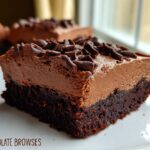 A rich slice of Chocolate Mousse Brownies, featuring a dense brownie base topped with creamy chocolate mousse and chocolate shavings.