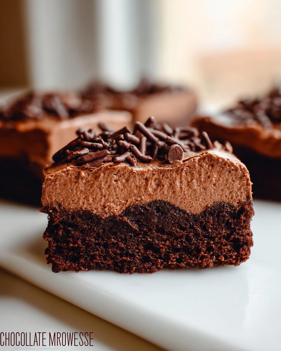 A close-up of a slice of Chocolate Mousse Brownies, featuring a rich brownie base topped with smooth chocolate mousse and chocolate sprinkles.