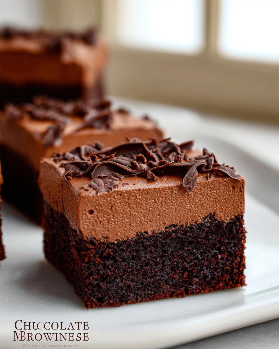 A close-up of a rich Chocolate Mousse Brownie slice topped with chocolate shavings.